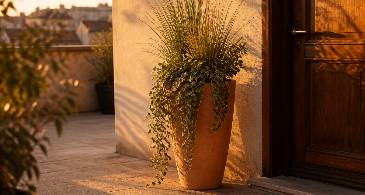 Que planter dans un pot haut et étroit graminée lierre terrasse