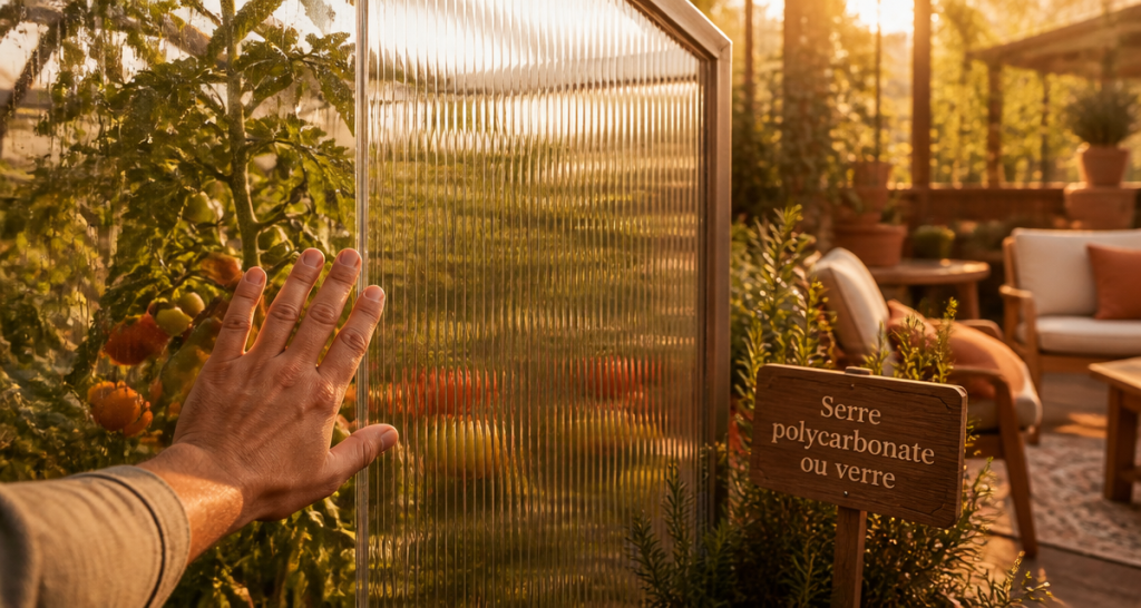 serre polycarbonate ou verre main transparence jardin