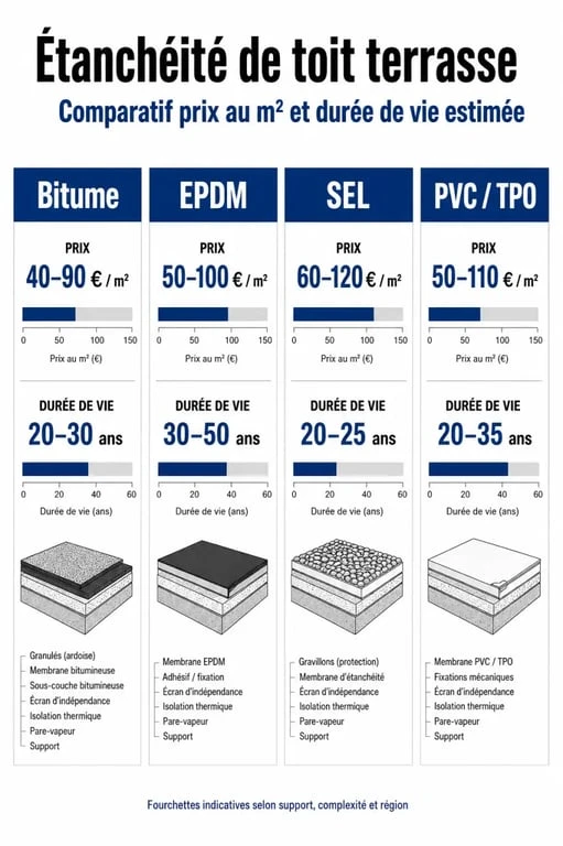 Comparatif des prix au m2 et durée de vie pour l'étanchéité toit terrasse