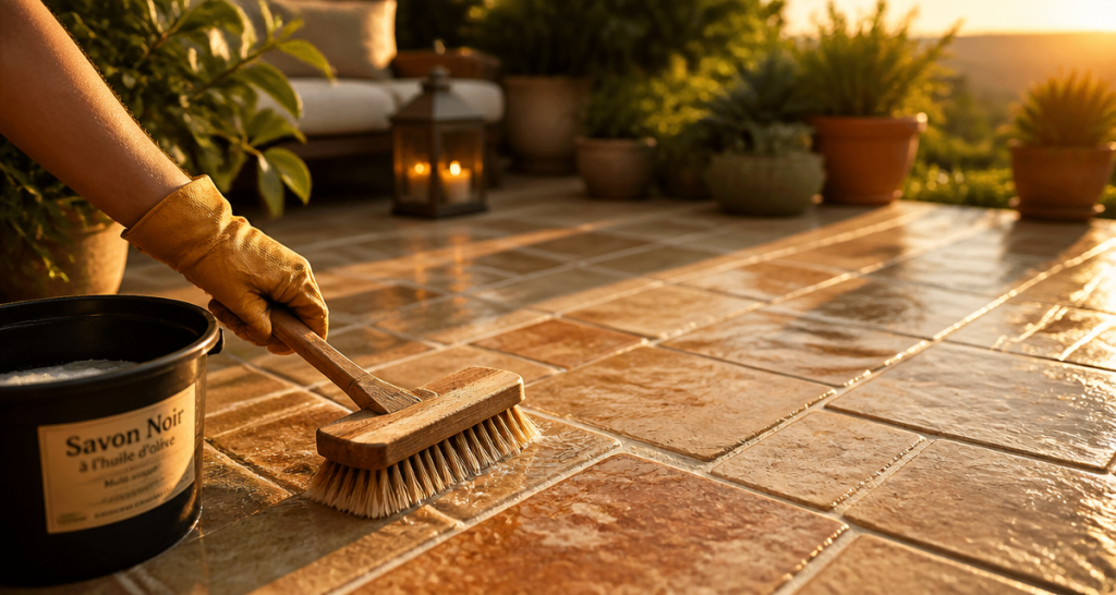 nettoyage dalle terrasse javel main gantée balai-brosse