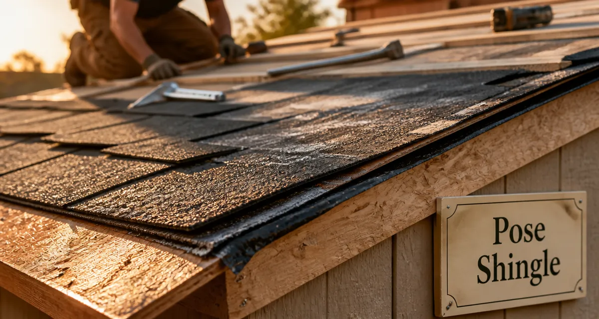 Shingle toiture en cours de pose sur abri de jardin, bardeaux bitumés