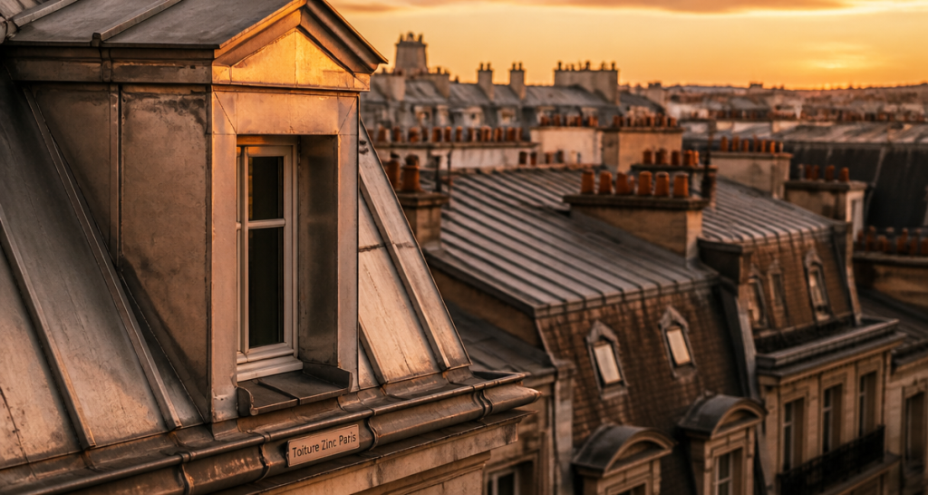 Toiture zinc Paris avec lucarne et lumière dorée
