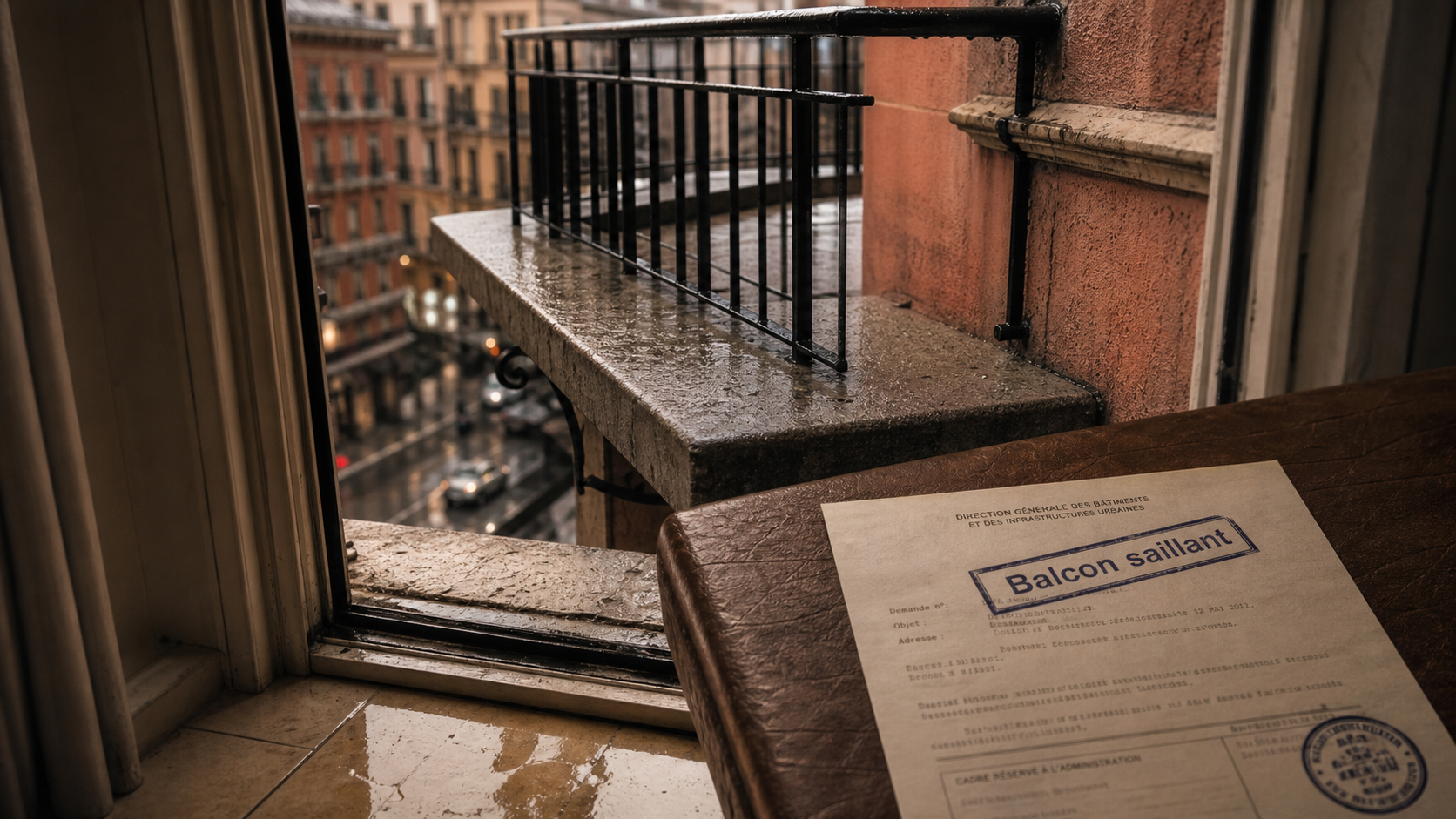 Balcon saillant en porte-à-faux sur façade, vue depuis l’intérieur