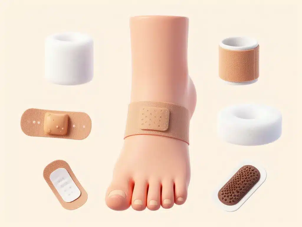 Différents types de pansements pour syndactylie orteil présentés autour d’un pied