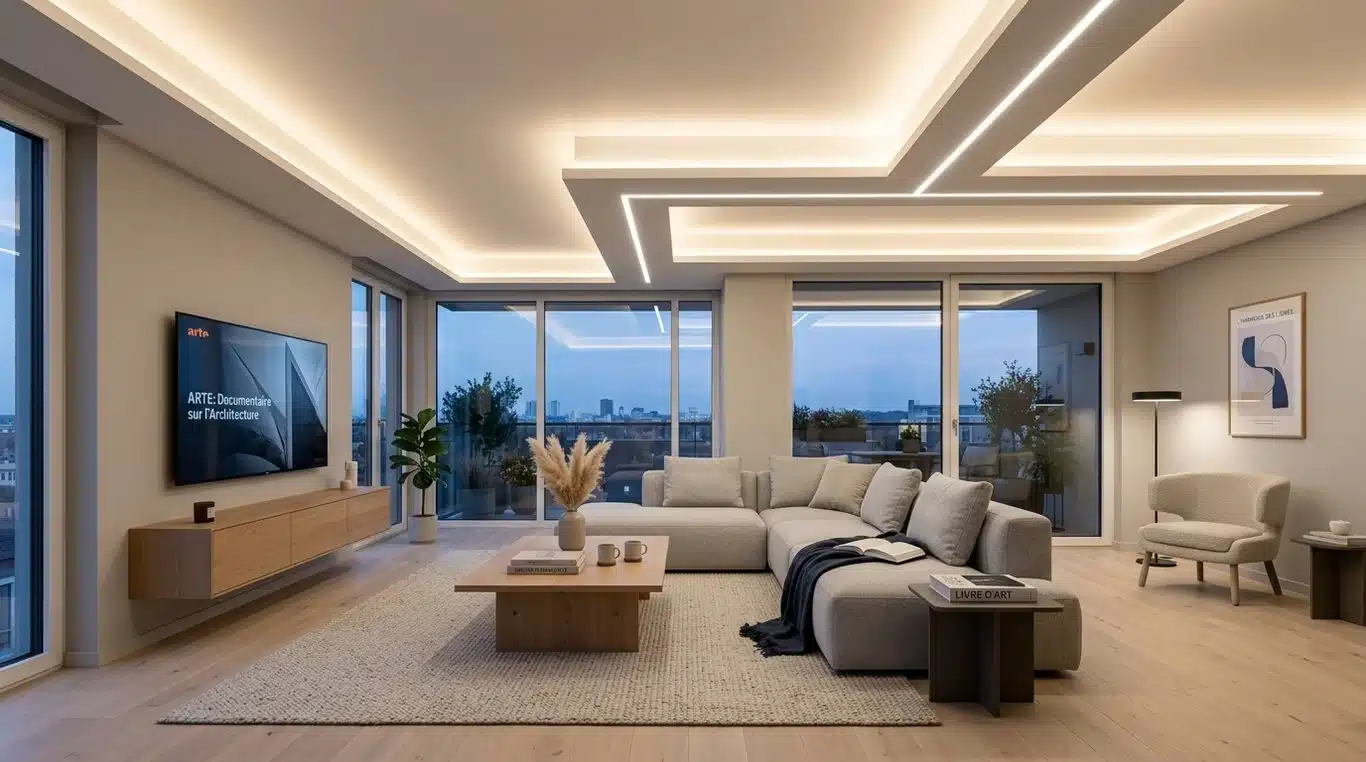 Exemple de faux plafond lumineux LED dans un salon moderne