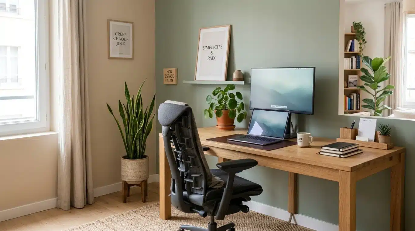 Bureau aménagé dans un style zen et minimaliste avec des tons naturels et des plantes