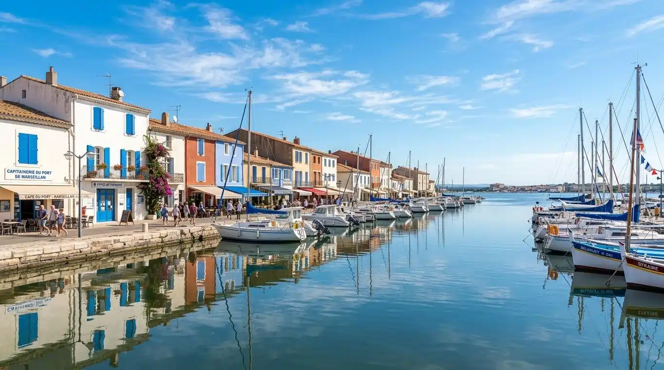 Vue pittoresque du port de Marseillan avec ses façades blanches et volets bleus rappelant les Cyclades