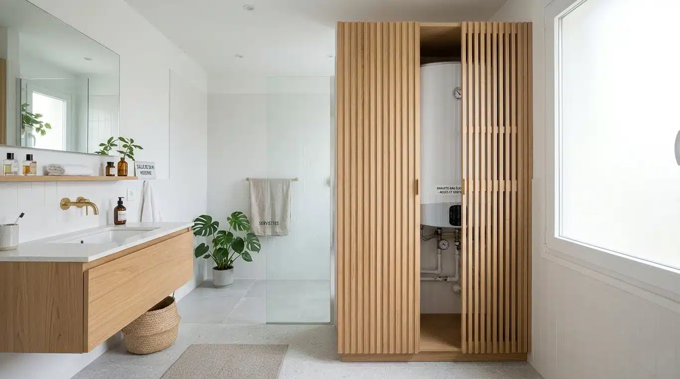 Exemple de cache ballon d'eau chaude en bois design et ventilé dans une salle de bain moderne