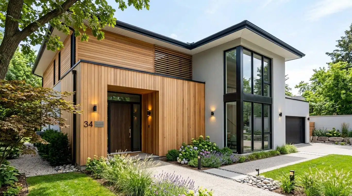 Exemple de façade de maison moderne avec mélange de matériaux et éclairage extérieur