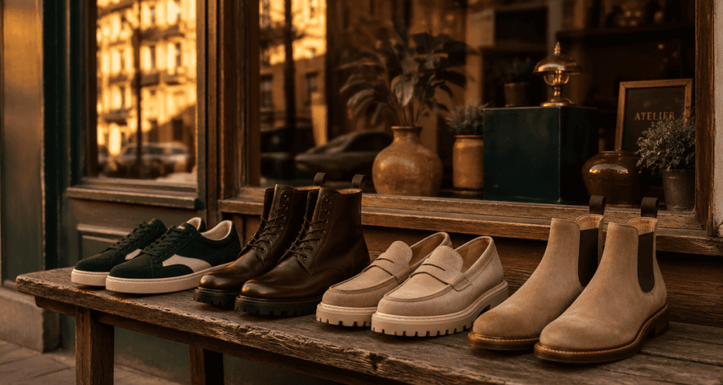 chaussure homme tendance 2025 alignées devant boutique