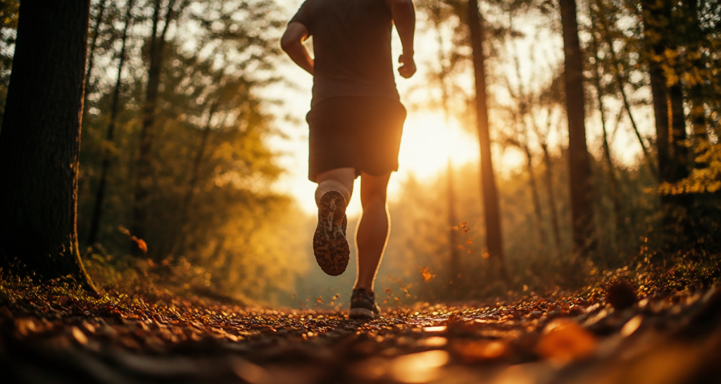 10 bienfaits de la course a pied, coureur en forêt au coucher du soleil