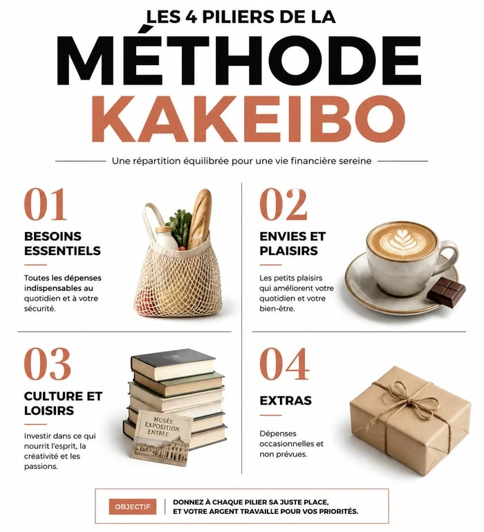 Infographie des 4 piliers de la méthode Kakeibo pour la gestion budgétaire