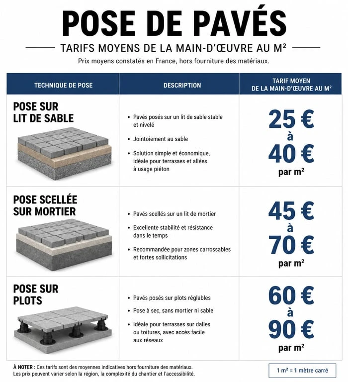 Infographie des prix de pose de pavés au m2 sans fourniture selon la technique