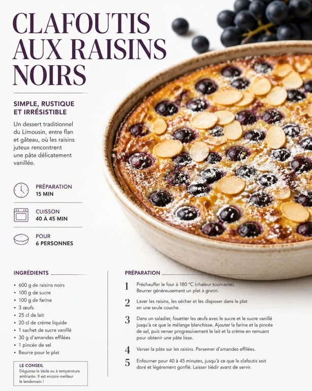 Clafoutis rustique aux raisins noirs et amandes dans un plat en céramique