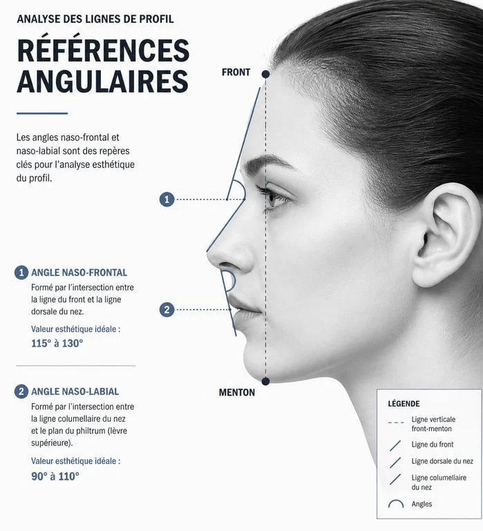 Schéma des lignes et angles du visage pour une profiloplastie réussie