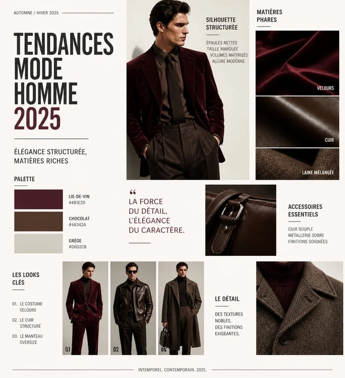 Tendances look homme 2025 avec matières tactiles et silhouettes structurées