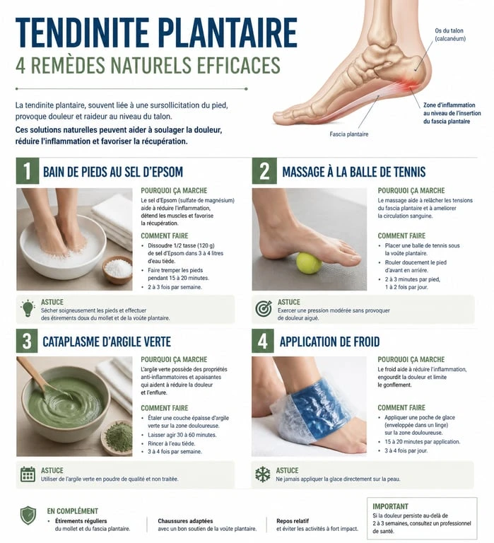 Infographie des remèdes naturels pour soulager une tendinite sous le pied