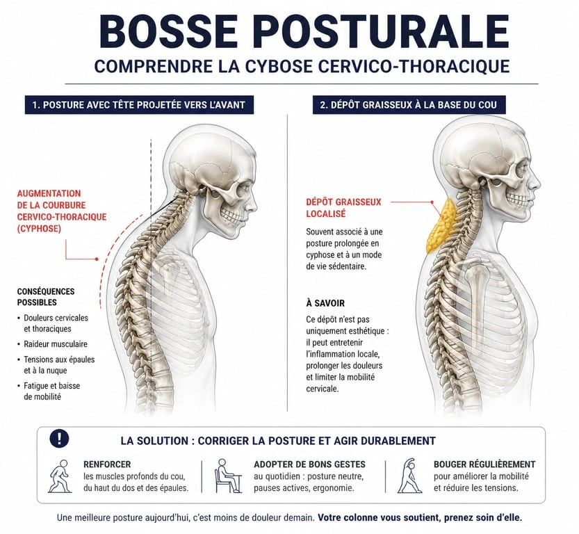 Schéma comparatif entre une bosse de bison posturale et une bosse graisseuse pour comprendre les causes de la bosse de bison et l'intérêt de l'ostéopathe.