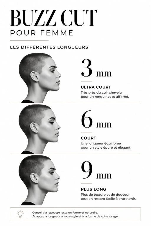 Infographie des différentes longueurs de buzz cut femme : 3mm, 6mm et 9mm