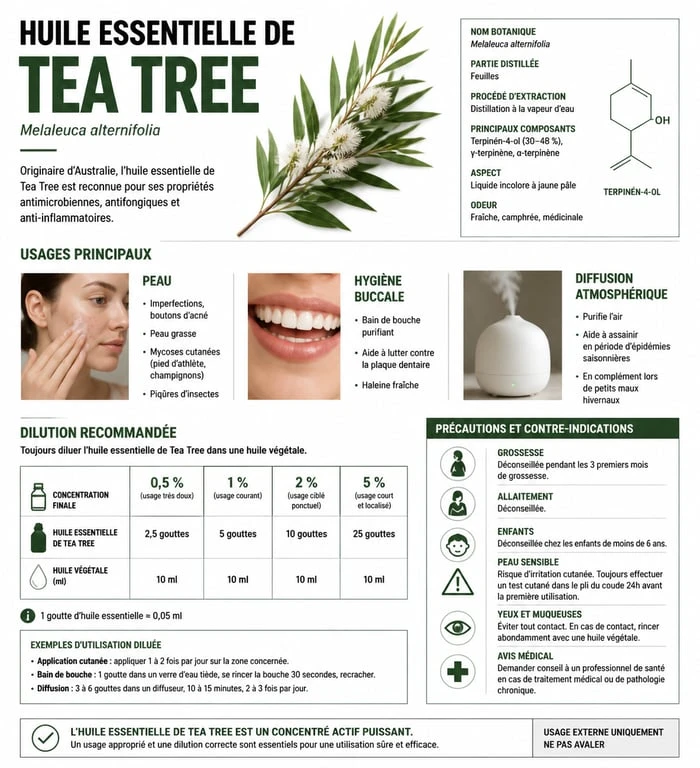Infographie sur les usages et précautions de l'huile essentielle de tea tree pour une utilisation sécurisée