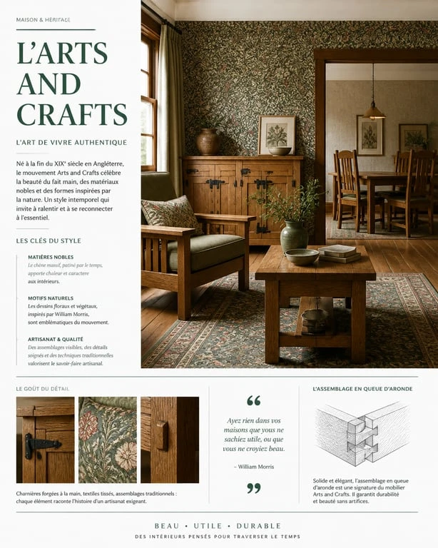 Intérieur de style Arts and Crafts avec motifs floraux et mobilier en chêne massif