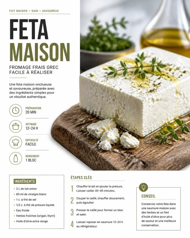 Feta maison artisanale prête à déguster sur planche en bois