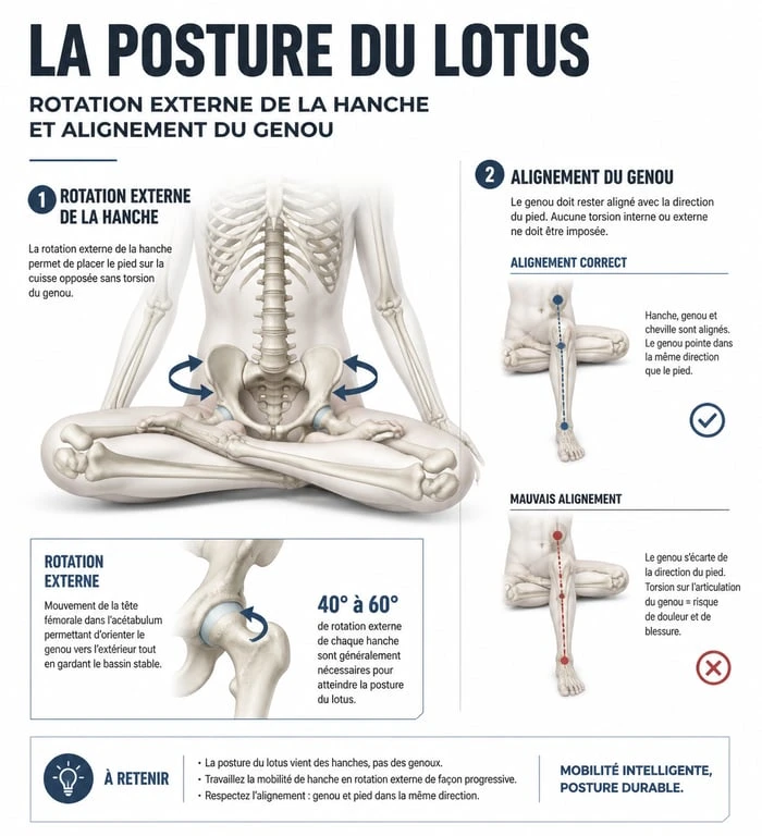 Infographie sur l'anatomie et la mécanique de la hanche pour la posture du lotus Padmasana