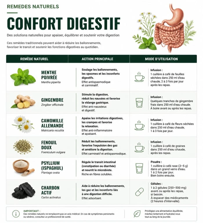 Infographie récapitulative des remèdes de grand-mère pour nettoyer l'estomac et améliorer la digestion.
