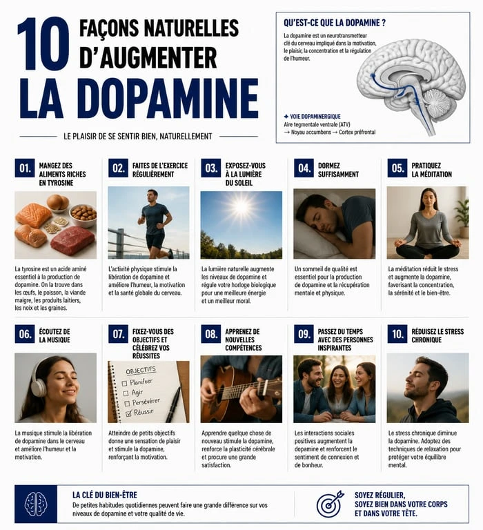 Infographie des 10 façons d'augmenter la dopamine dans votre cerveau naturellement