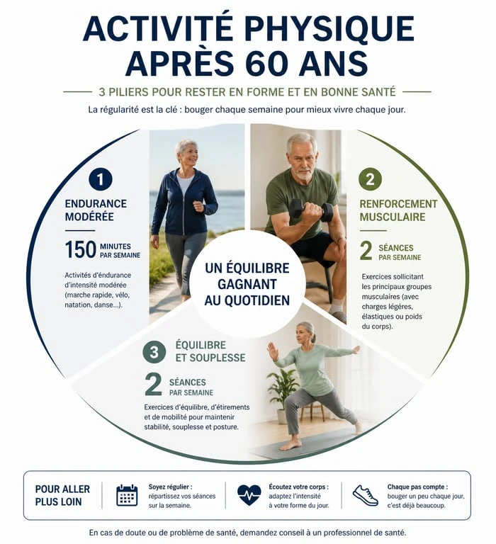 Infographie des recommandations d'activité physique hebdomadaire après 60 ans : endurance, renforcement et équilibre.