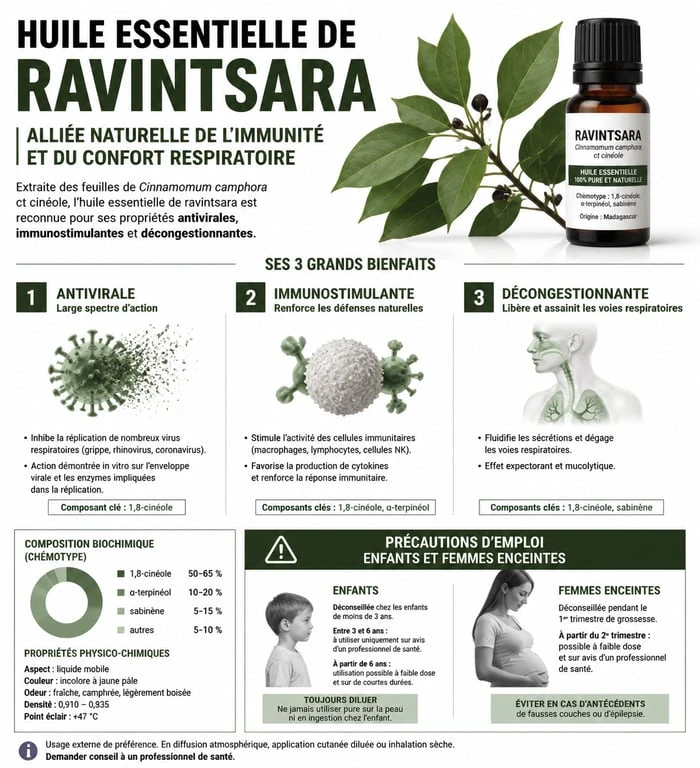 Infographie des bienfaits et précautions de l'huile essentielle de ravintsara pour la santé