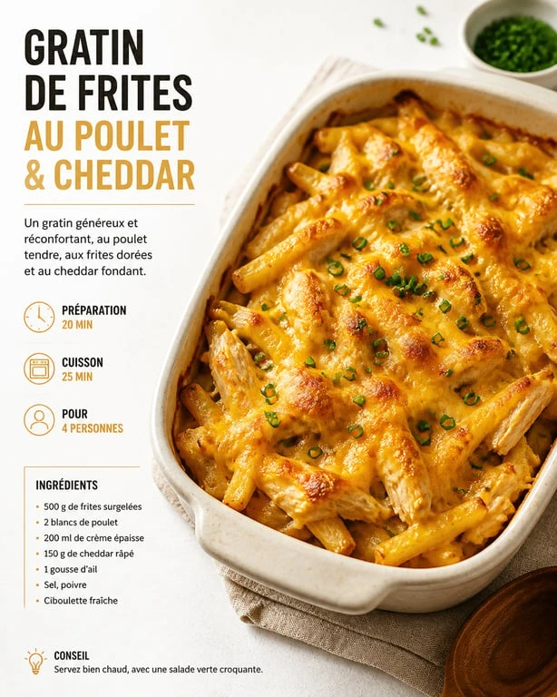 Gratin de frites au poulet et cheddar, une idée recette anti-gaspillage pour utiliser des restes de frites.