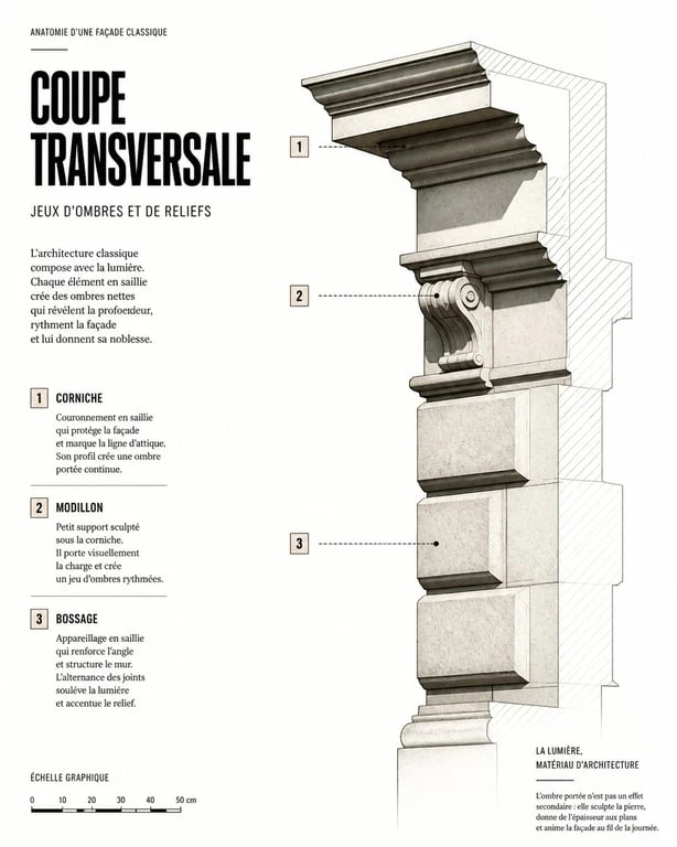 Schéma explicatif de la modénature : interaction entre la lumière et les reliefs architecturaux comme la corniche et le bossage.
