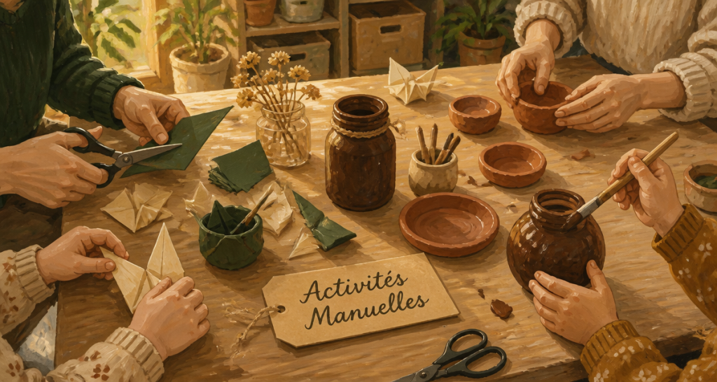 Faire des activités manuelles sur une table avec enfants et adultes