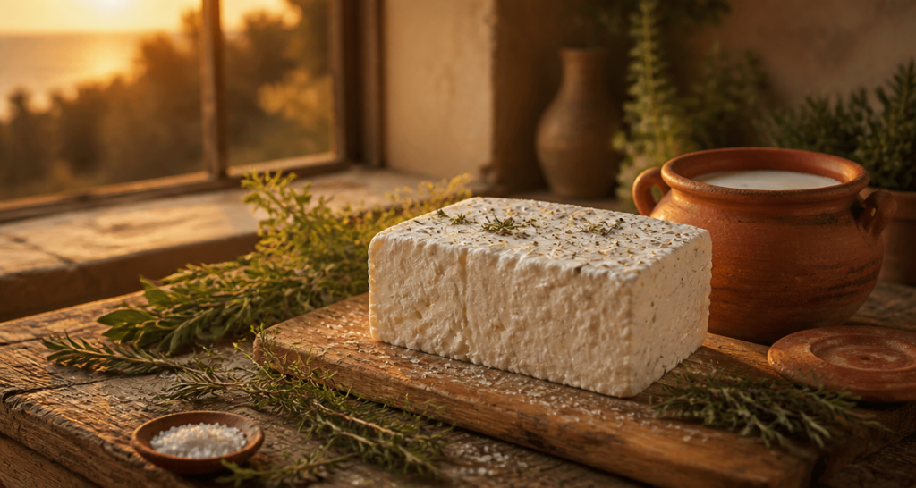 feta maison crémeuse sur planche rustique