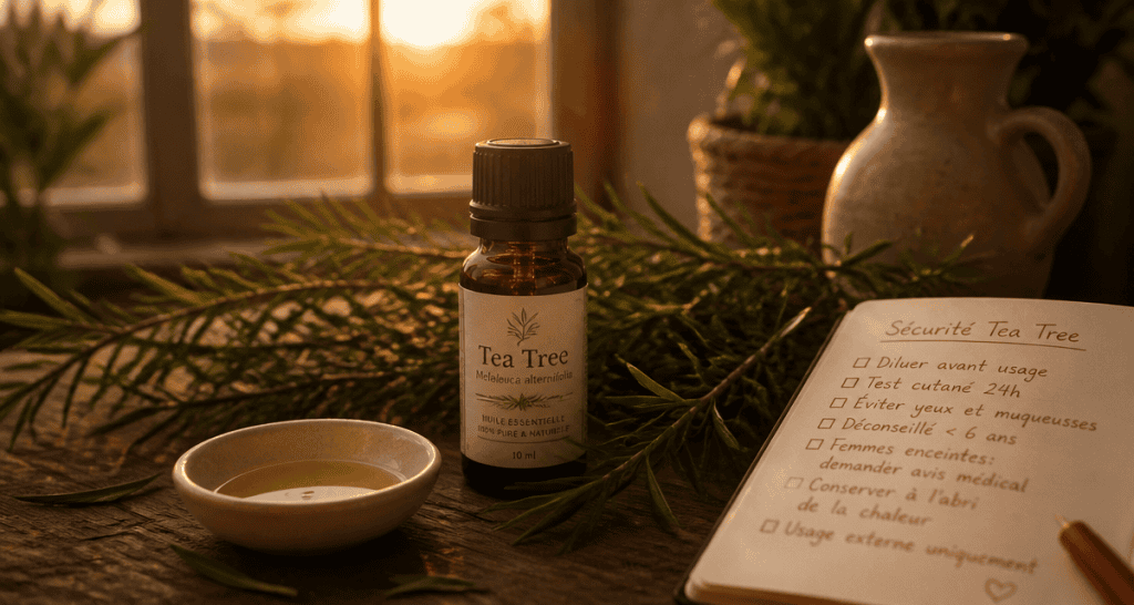 huile essentielle tea tree utilisation flacon feuilles carnet