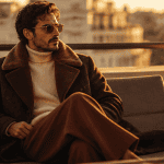 look homme 2025 manteau marron terrasse