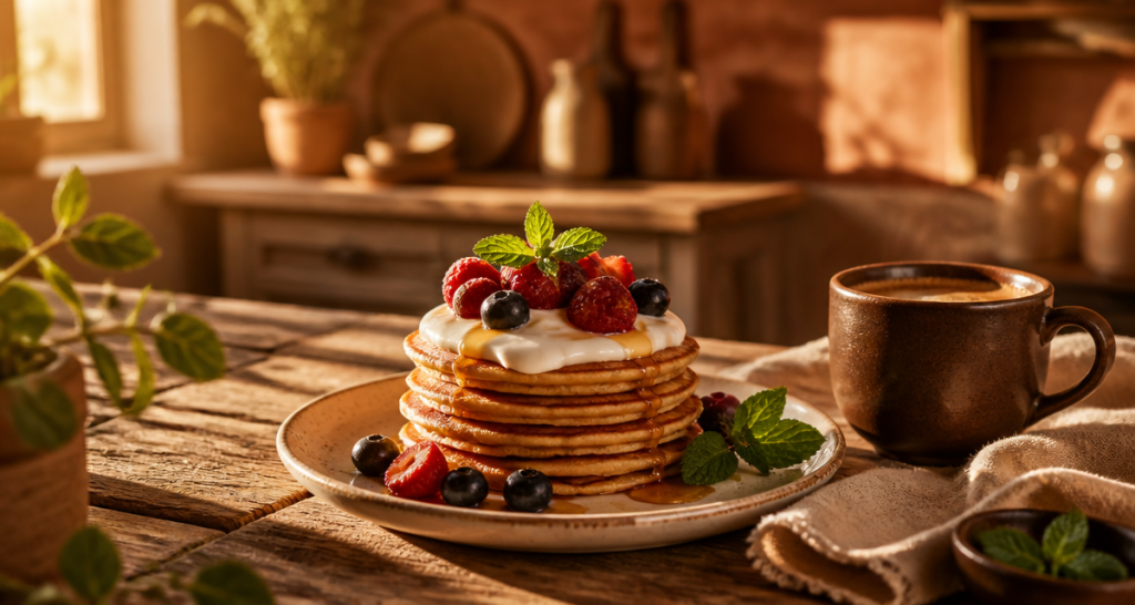 Pancake peu calorique avec fruits rouges et yaourt