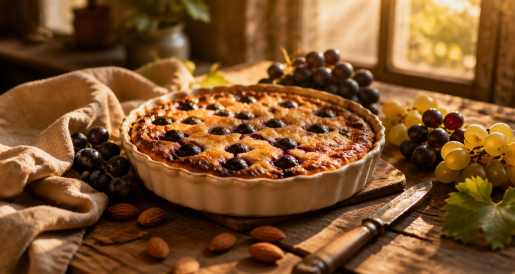 recette au raisin clafoutis doré et grappes fraîches