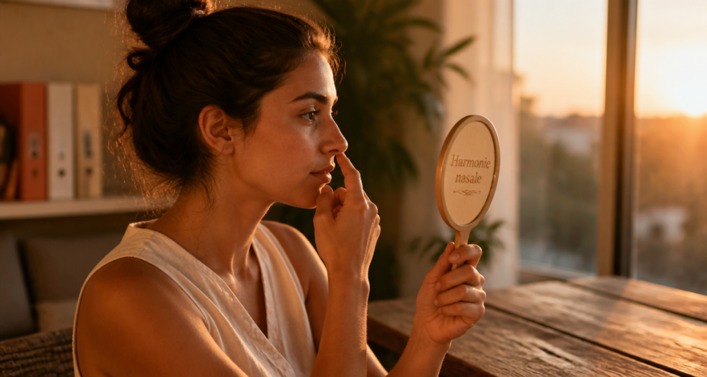 Jeune femme examine son nez après rinoplastie au coucher du soleil