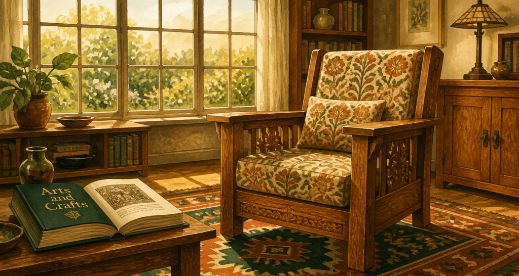 Salon art arts and crafts fauteuil bois et motifs floraux