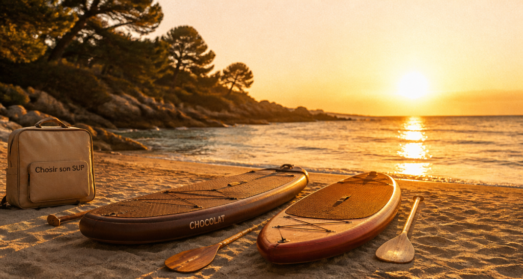stand up paddle board gonflable et rigide sur plage au coucher du soleil