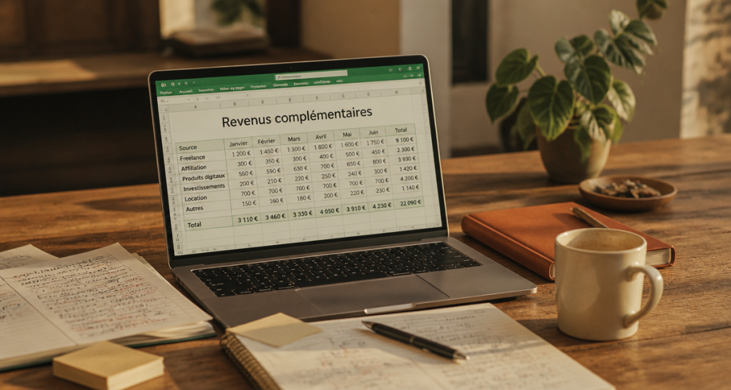 Télétravail pour arrondir ses fins de mois, ordinateur et tableau Excel sur bureau
