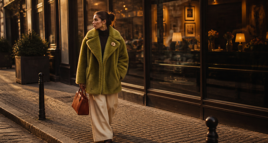 tendance mode 2025 jeune femme manteau vert oversize