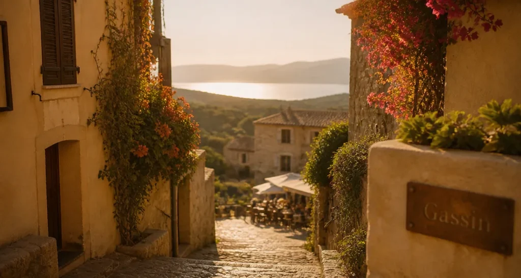 Beaux villages autour de sainte-maxime : ruelle pavée de Gassin au golden hour