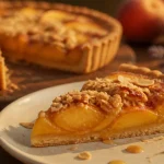 Desserts pêches : tarte aux pêches dorée et crumble sur fond bois