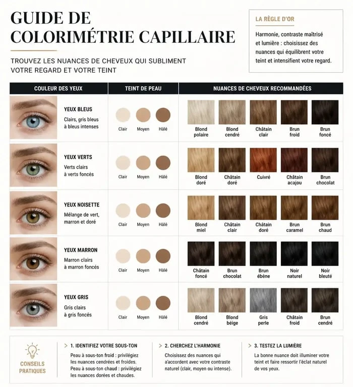 Infographie guide de colorimétrie pour choisir sa couleur de cheveux selon son teint et ses yeux