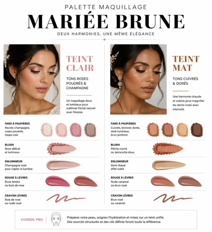 Infographie des palettes de maquillage pour mariée brune selon la carnation