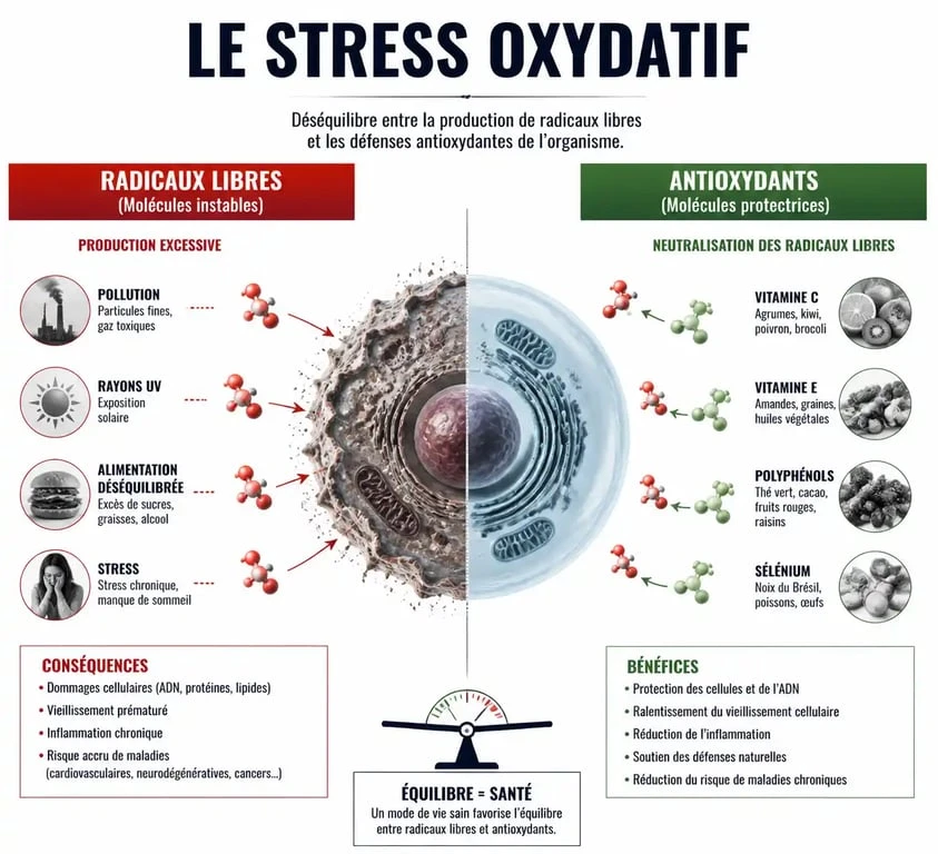 Schéma explicatif du stress oxydatif : équilibre entre radicaux libres et antioxydants dans l'organisme.
