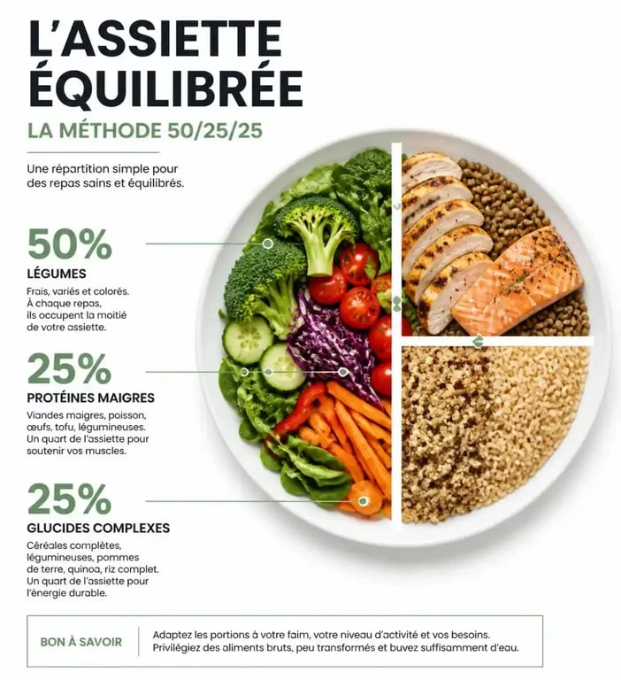 Infographie illustrant la composition d'une assiette idéale pour un rééquilibrage alimentaire équilibré
